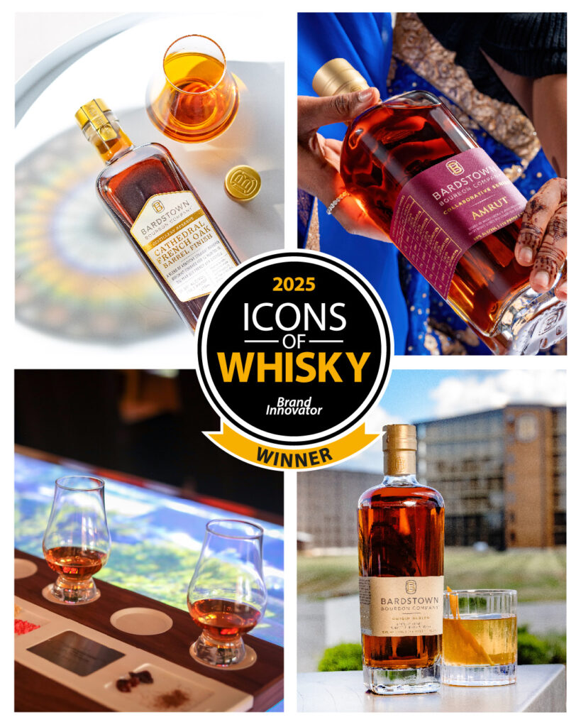Collage of Bardstown Bourbon Company whiskeys, featuring various bottles and tasting scenes surrounding a central “2025 Icons of Whisky – Brand Innovator Winner” badge.